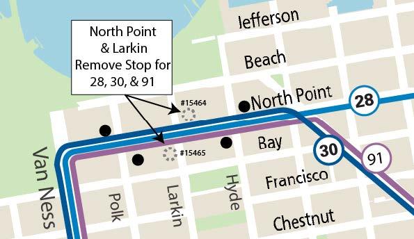 Map showing stop relocation for the 28, 30, and 91 routes at North Pt. & Larkin