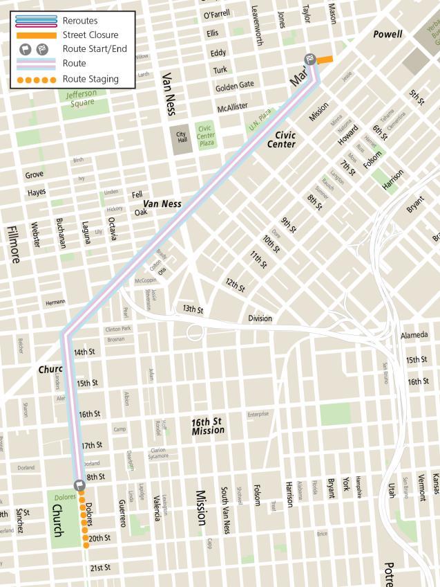 Map showing the Trans March route from Dolores Park, along Dolores Street toward Market, then proceeding east along Market to Taylor St.