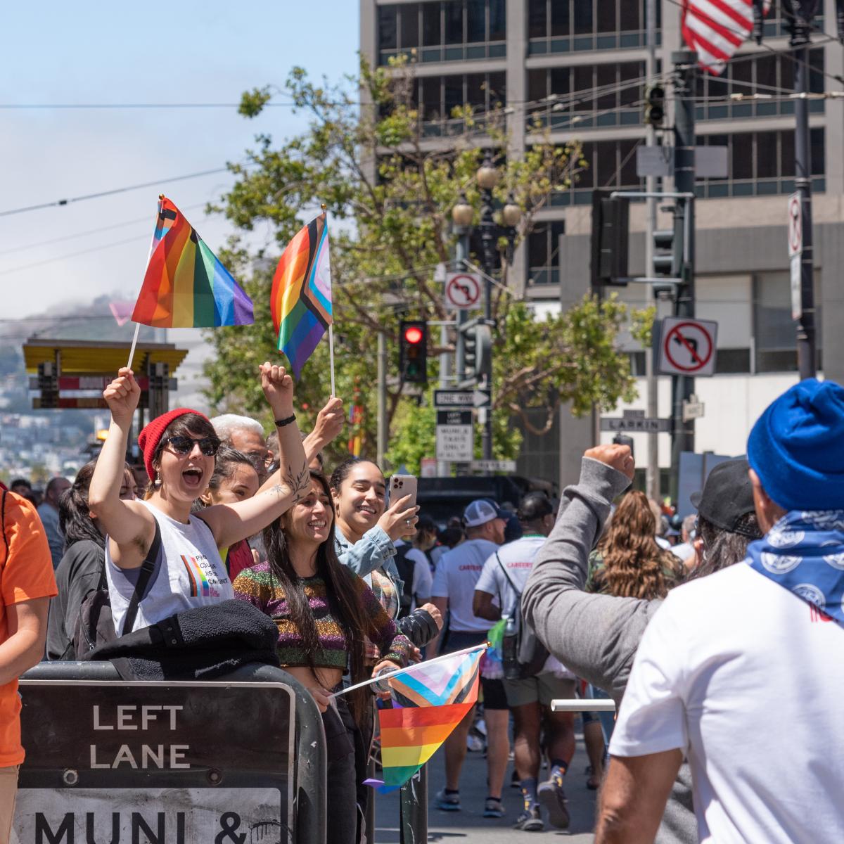 crowd of people holding rainbow pride flags cheer