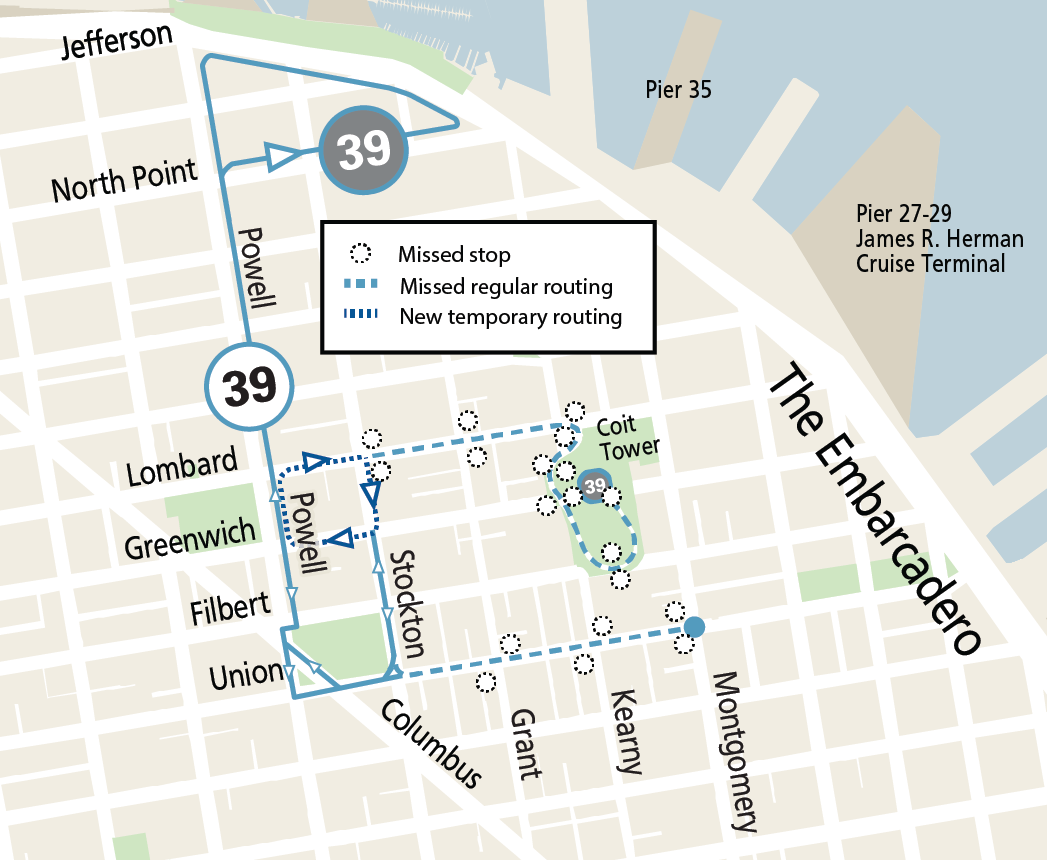 Map showing the modified 39 Coit route while 40-foot buses are in use on the route.