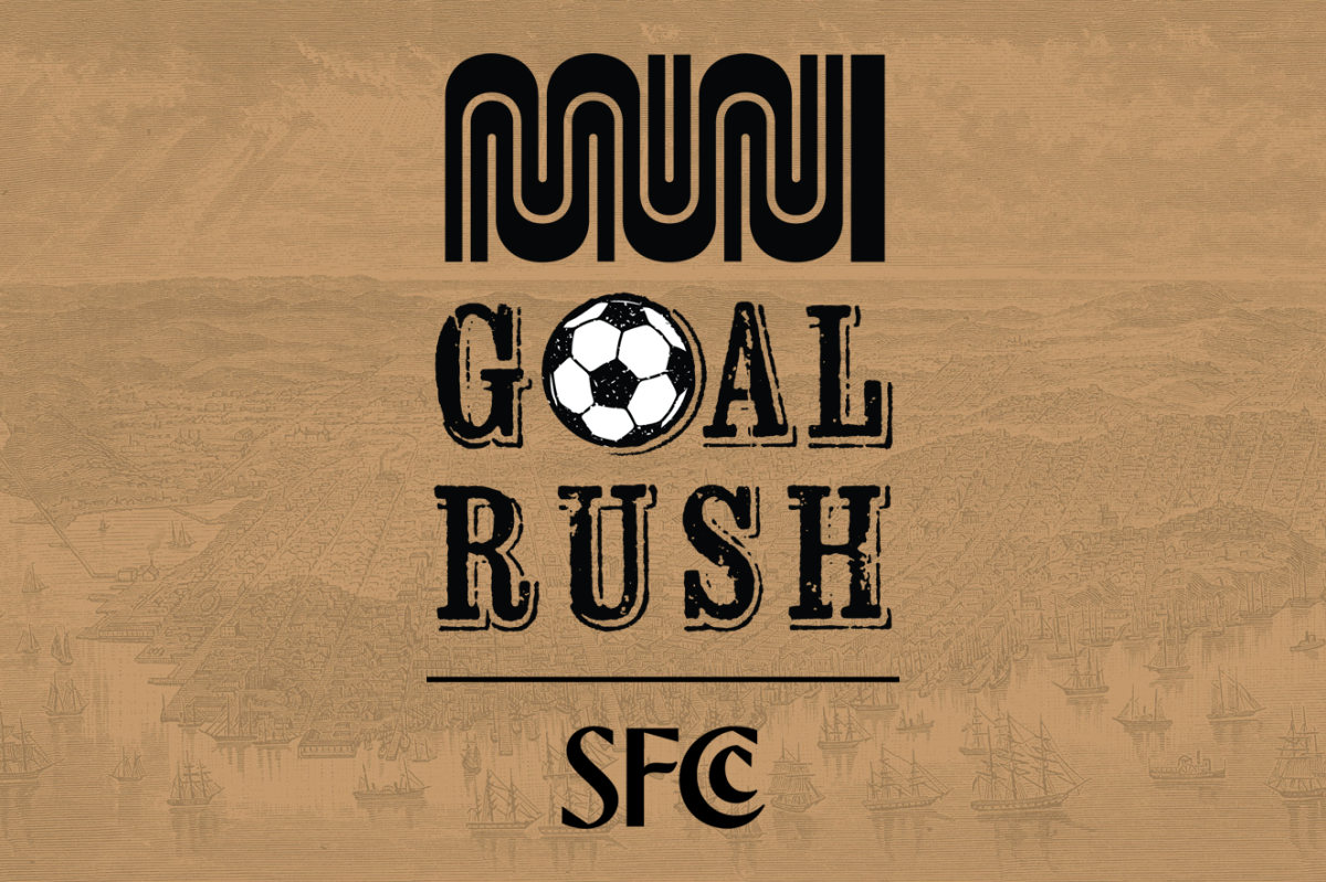 Muni Goal Rush logo with a background in brown featuring a historic illustration of the City