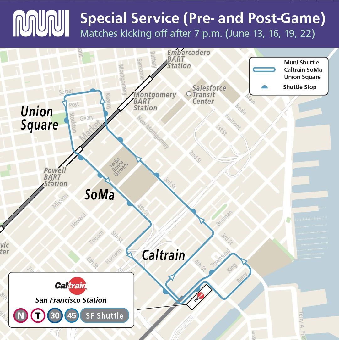 Map of Muni shuttle showing how to get to Caltrain