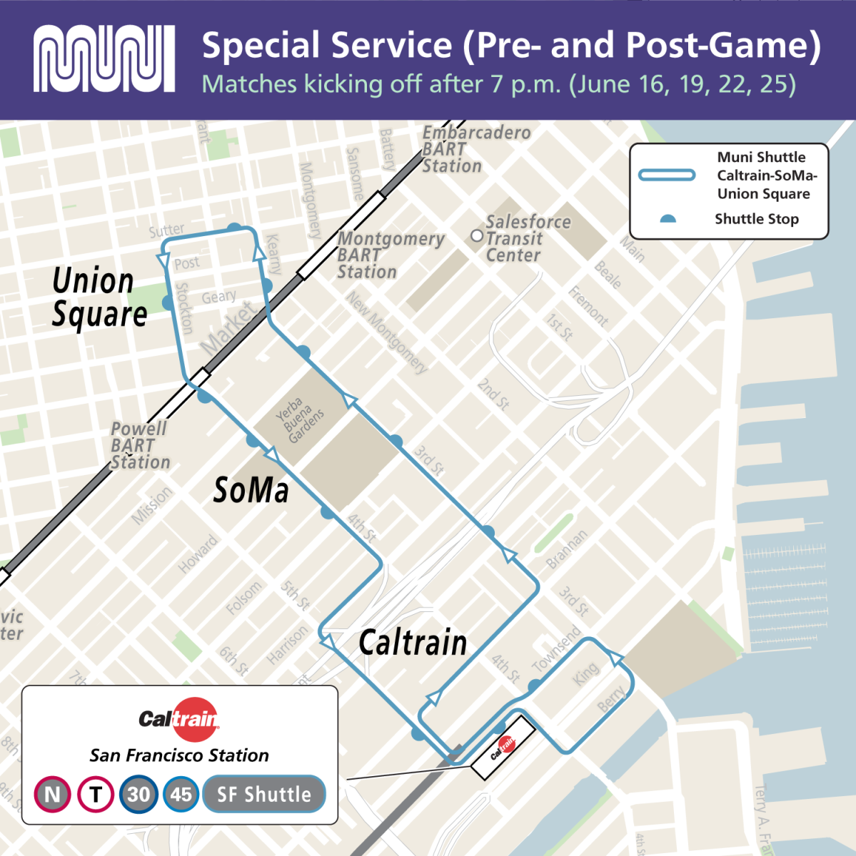 SF Shuttle for FIFA World Cup late-night service running between Caltrain and Union Square