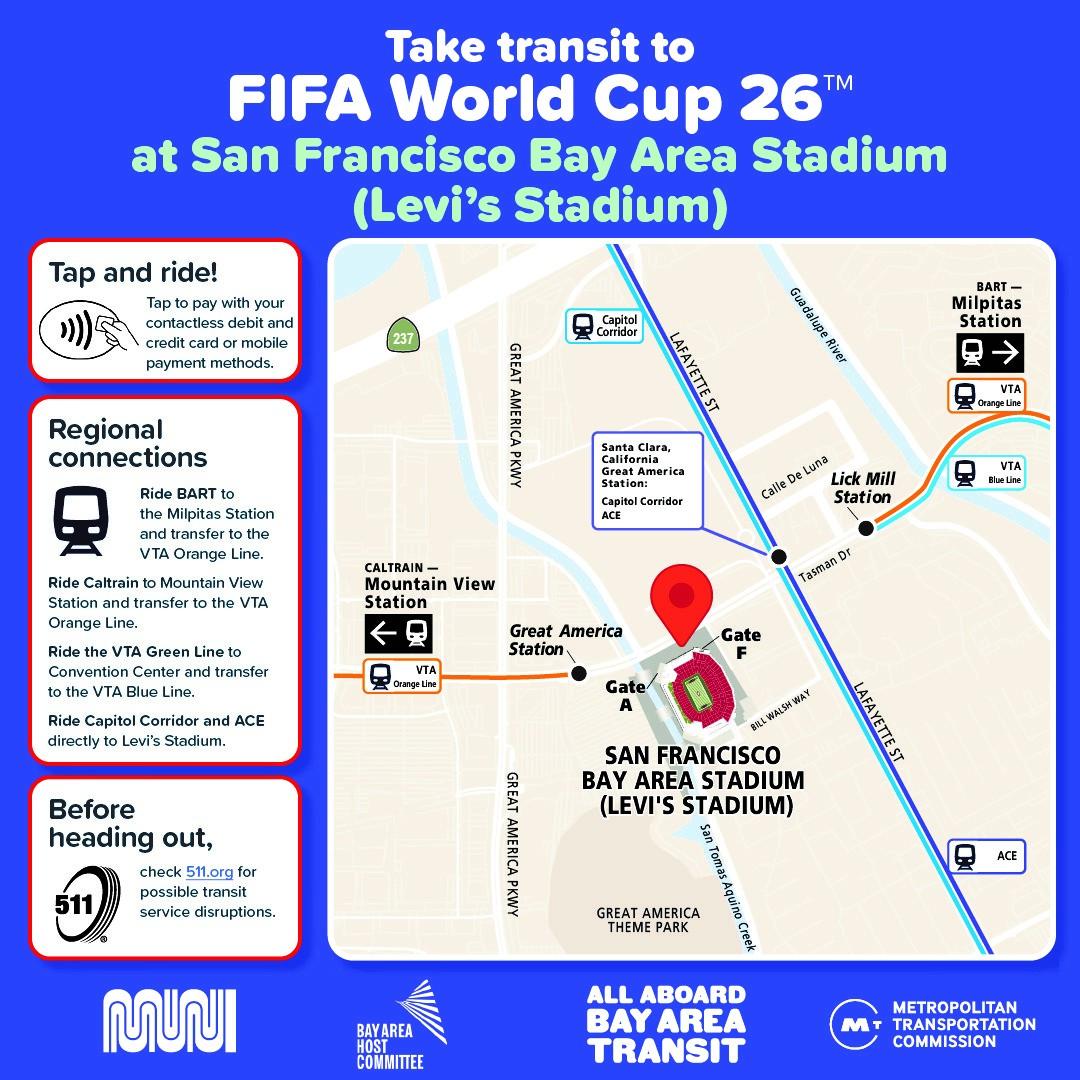 Map showing where VTA and BART drop off near San Francisco Bay Area Stadium (Levi's Stadium)