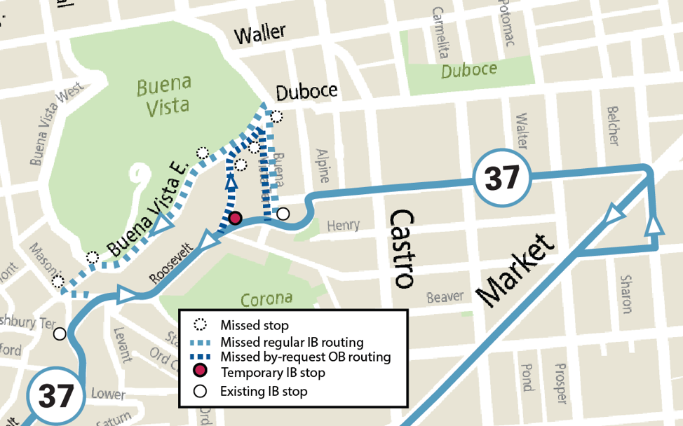 Map of 37 Corbett reroute for 40-ft buses