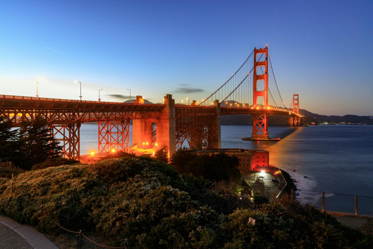 A bridge and water at dusk with bushes in the foreground.  
