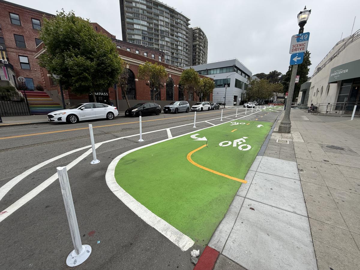 new green painted bike lane on Beach Street in front of the Maritime Museum