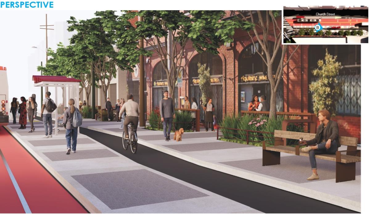Looking southwest on Church Street from Market, New plantings, seating and a permanent boarding island are shown in the area immediately outside of Aquitaine Wine Bar & Bistro. 