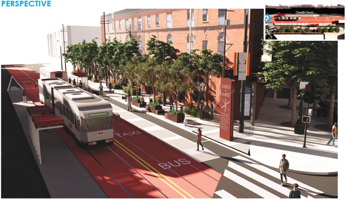  Looking southwest on Church Street from Market Street, a wider sidewalk, concrete boarding island, new trees and plantings and wayfinding pillar are visible. 