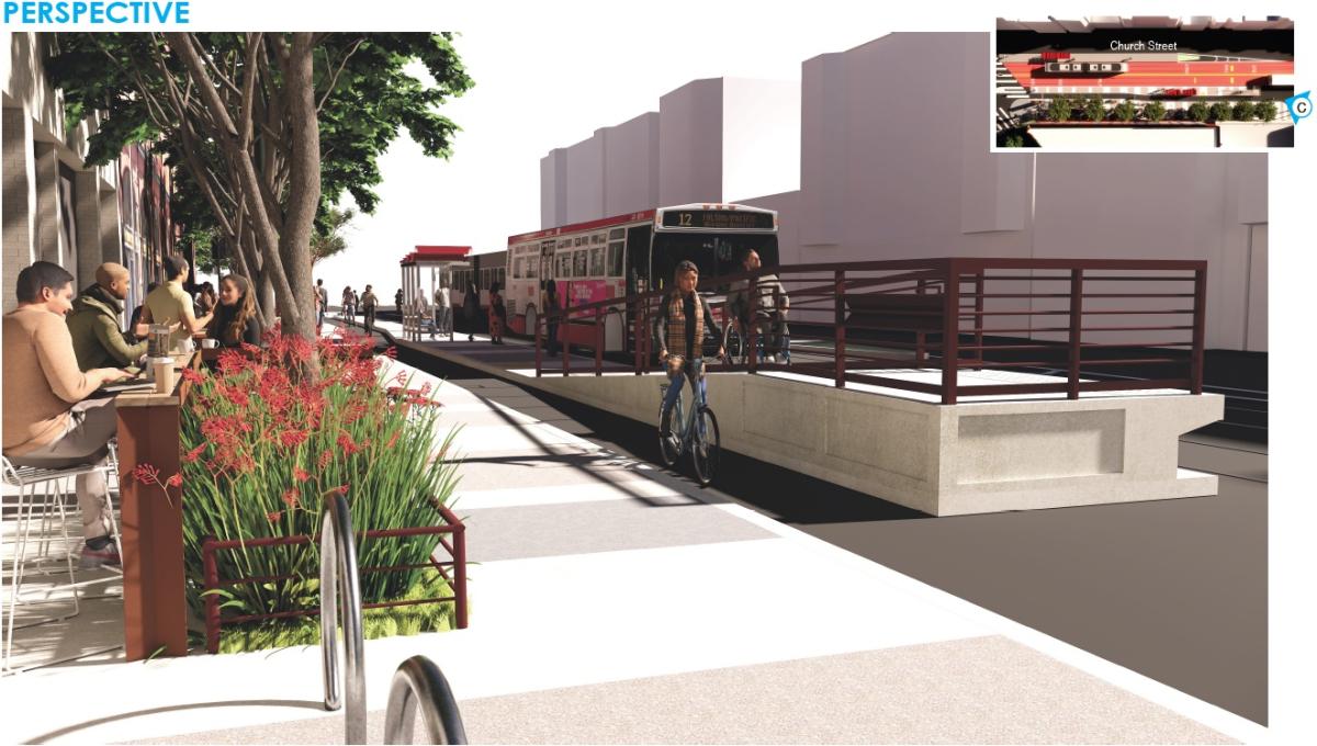 Outside of Thorough Bread & Pastry on Church Street, a rendering shows tables and seating are next to new planters.