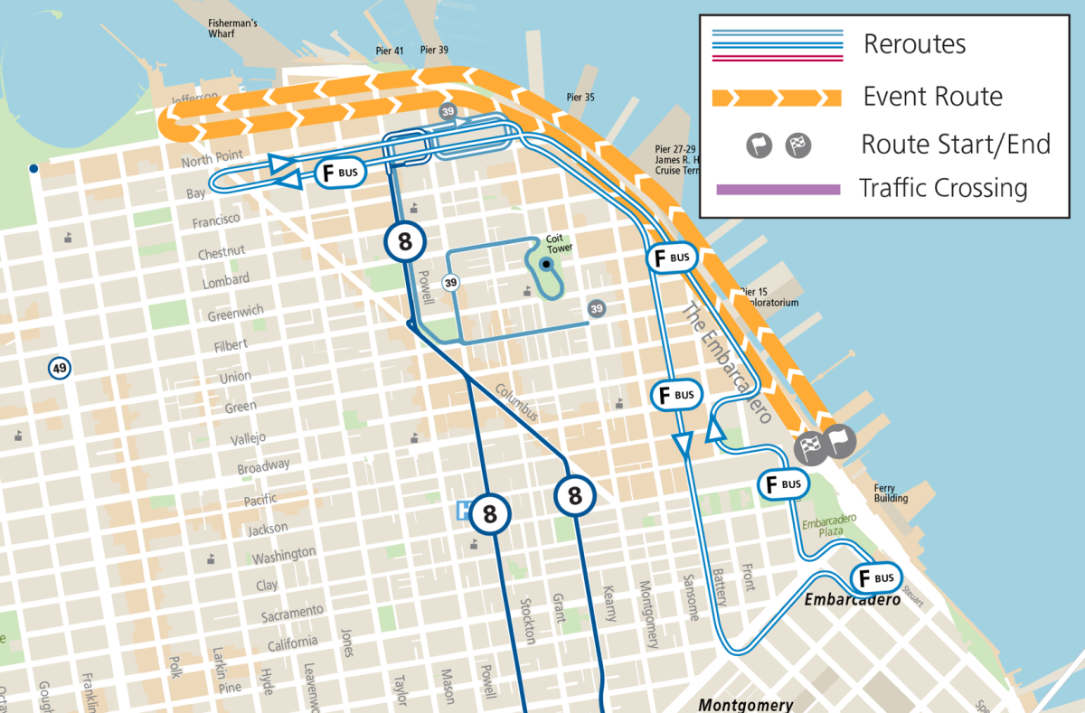 Map showing race route, street closures, and Muni service changes during SF Marathon Family Run 5K