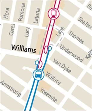Map showing 3rd & Williams transfer point between T Third trains and T Third bus shuttles