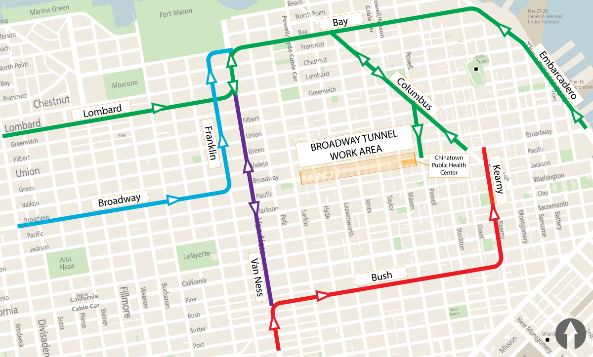 Detour Routes around the Broadway Tunnel Work Area between Larkin and Powell