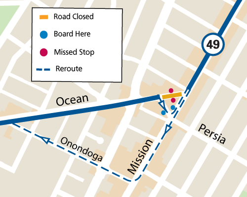 Map of the 49 Van Ness/Mission reroute during the From The E night market event on Ocean Avenue