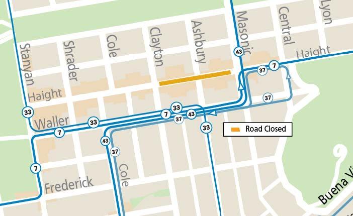 Map of street closures and Muni service changes during the Mad Dog in the Fog outdoor event on Thursday, August 27
