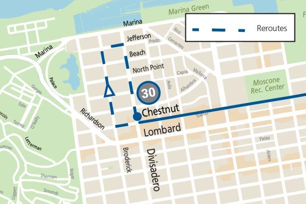 Map showing the 30 Stockton reroute during the SF Road Mile event in The Presidio