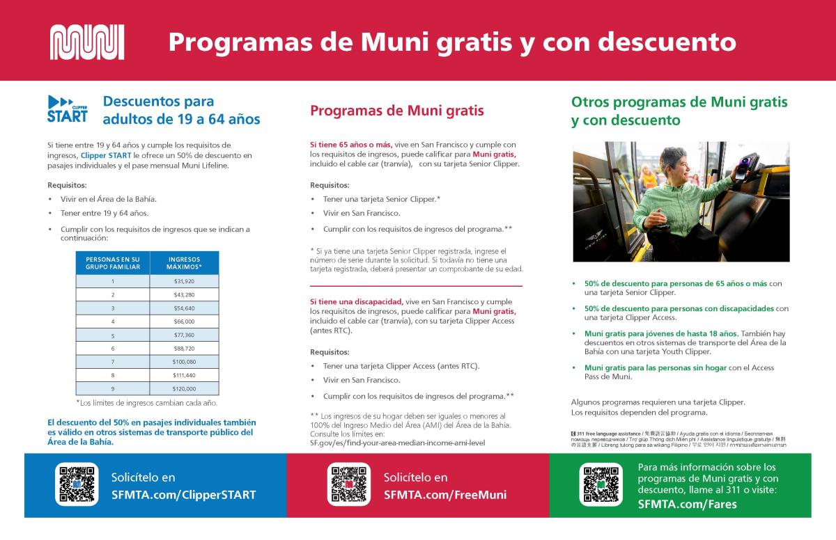 información sobre los Programas de Muni gratis y con descuento: Descuentos para adultos de 19 a 64 años. Programas de Muni gratis, y Otros programas de Muni gratis y con descuento.