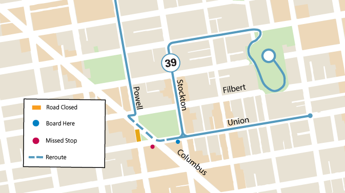 Map of the outbound 39 Coit reroute during the Oyster Day Festival