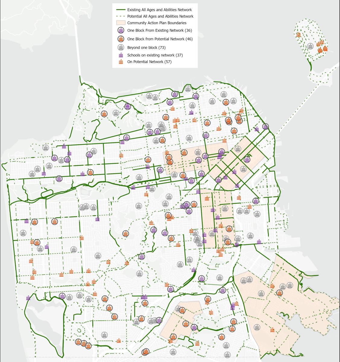 Map showing locations of schools within one block or more than one block away from both existing and potential biking and rolling network.