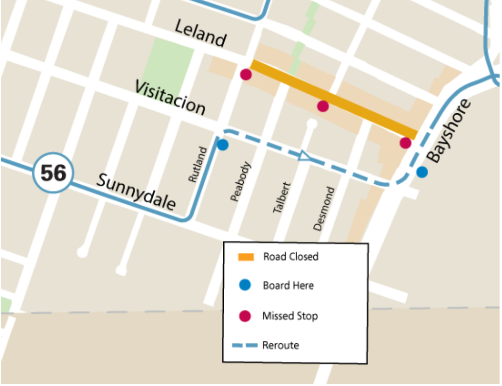 Map of street closures and Muni service reroutes during Visitacion Valley Night Market event