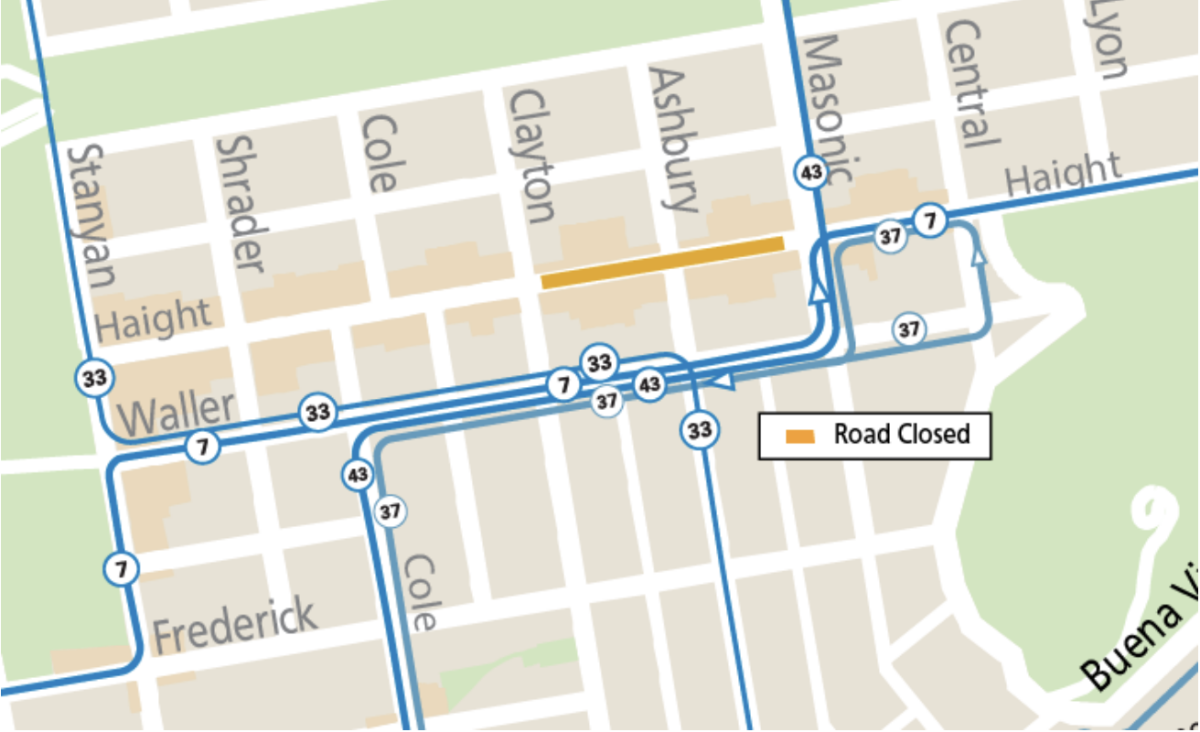 Map showing Muni service reroutes and a street closure of a two-block portion of Haight Street.