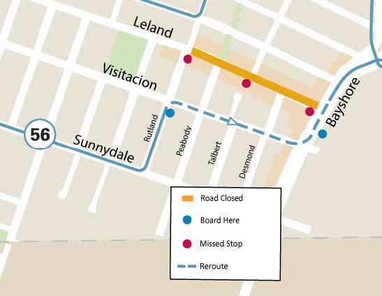 Map of street closures and Muni service reroutes during Visitacion Valley Night Market event