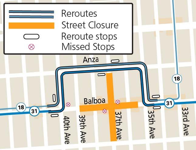 Map showing street closures and Muni service changes for the Art Walk/Far Out Fest on Balboa Street