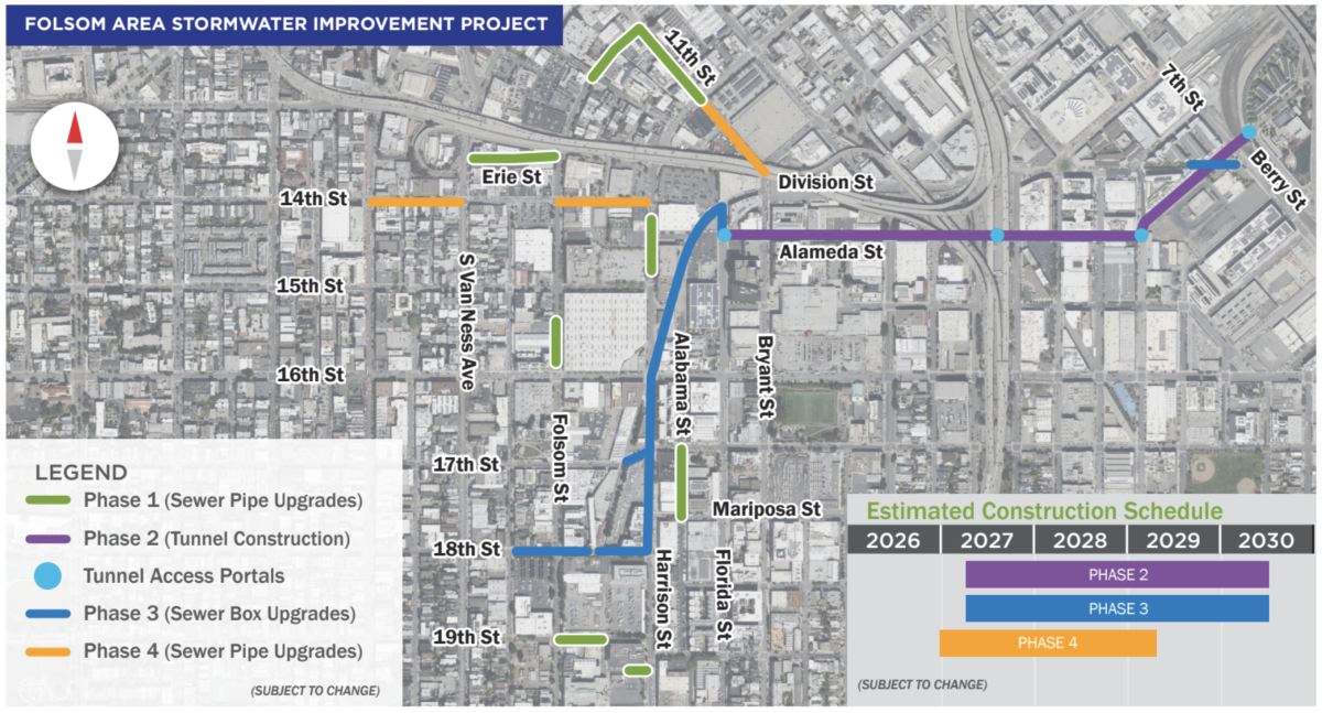 Map and estimated schedule of the PUC Folsom Area Stormwater Improvement Project.
