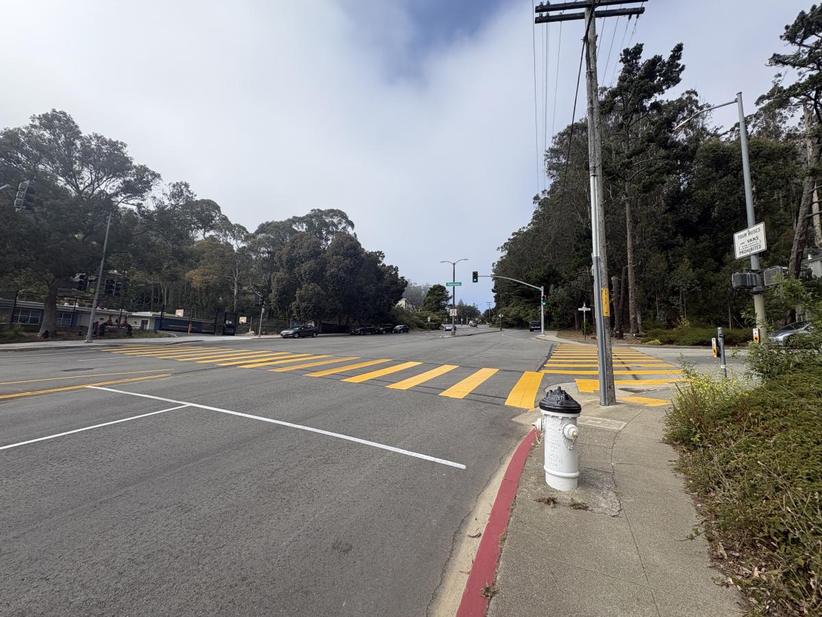 Yellow permanent crosswalks painted at Panorama Drive and Clarendon Avenue