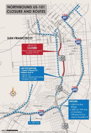 Map of Northbound US-101 Closure Routes