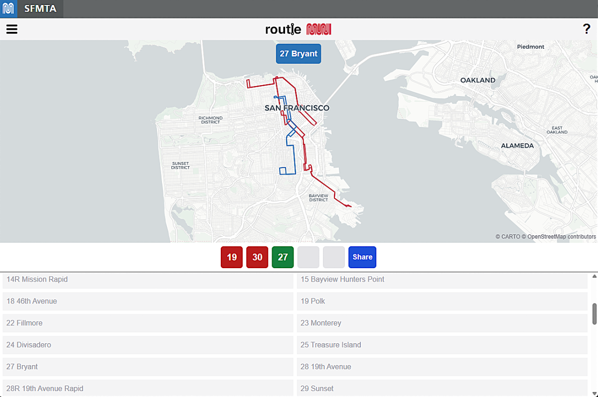 A graphic showing a map of San Francisco with red and blue lines on it. Underneath the map are colored squares and a list of transit routes and lines.