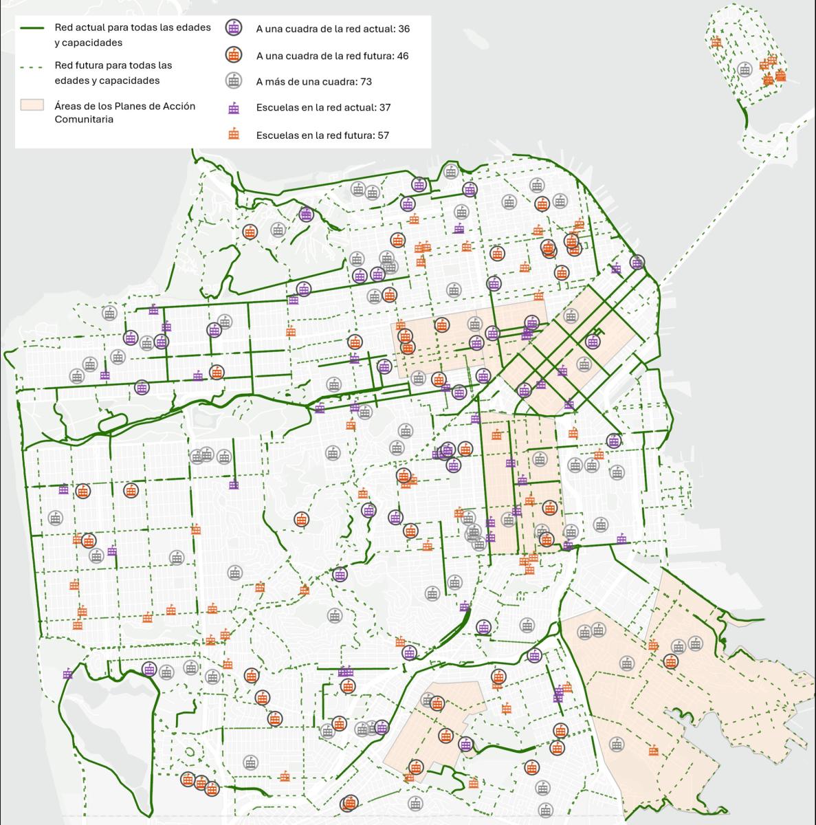 Mapa que muestra dónde están las escuelas que se encuentran a una cuadra o a más de una cuadra de la red actual y futura para andar en bicicleta y desplazarse sobre ruedas. 