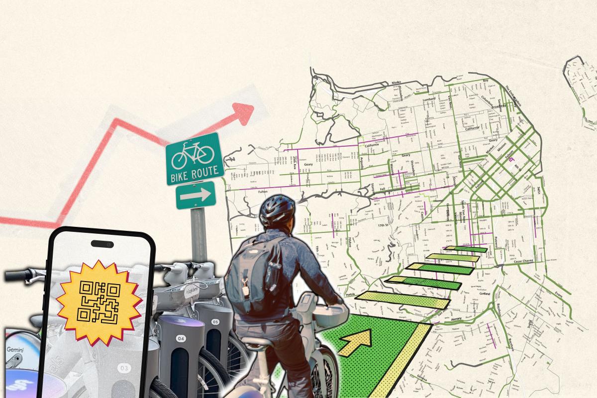 A photo illustration of bicycles, a person riding a bike, a street sign and a city map..