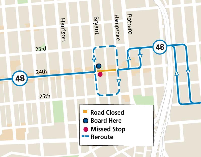 Map showing the street closure and associated reroute of the 48 Quintara/24th St. Route during the Brava Block Party.