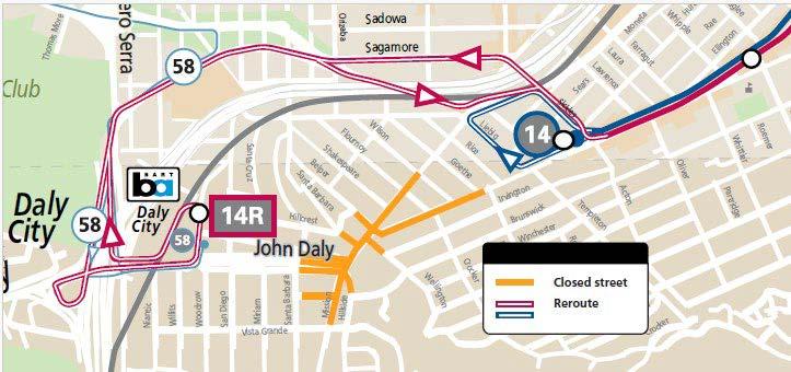 Map showing Muni reroutes of the 14, 14R, and 58 routes during the Daly City Street Festival.