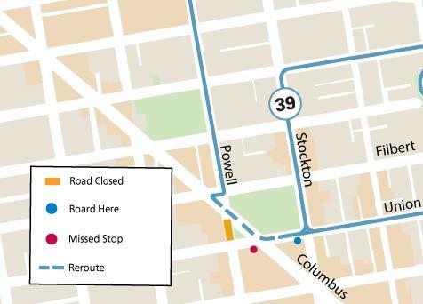 Map showing street closure, Muni service change for the 39 Coit Route, and missed stop during the Lillie Coit's grand opening event