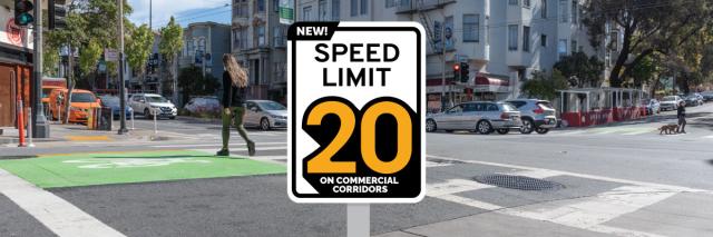Over a background of a SF streetscape, a large sign reads: New! Speed Limit 20 on Commercial Corridors