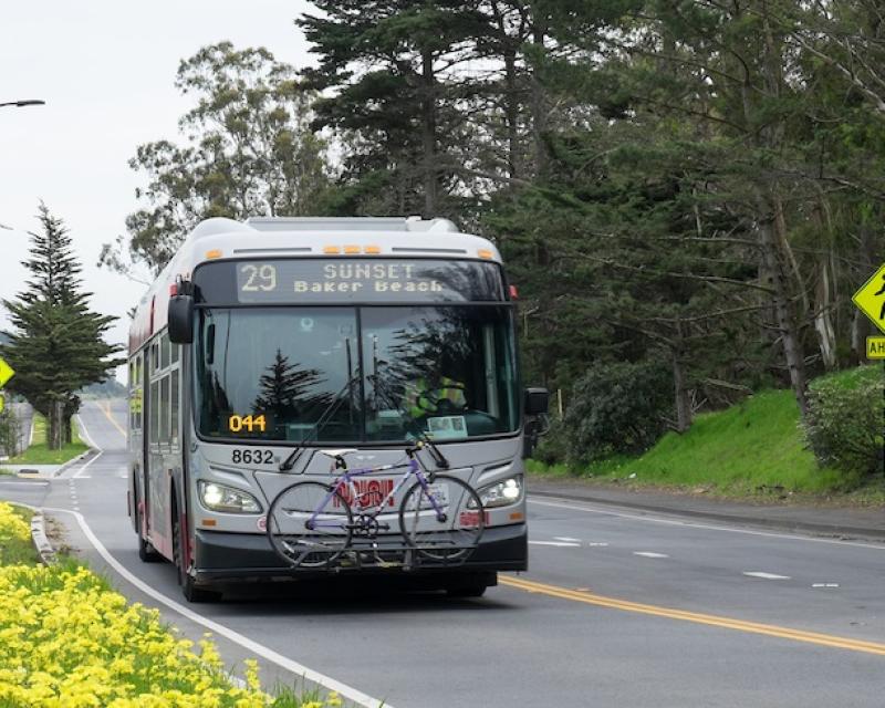 A Muni bus on the 29 Sunset route on the recently-redesigned Mansell Street in McLaren Park.