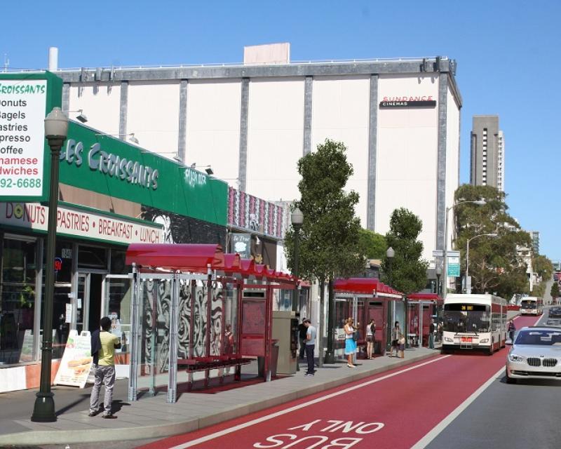 Rendering of BRT lane and shelters on westbound Geary Boulevard at Fillmore facing east.