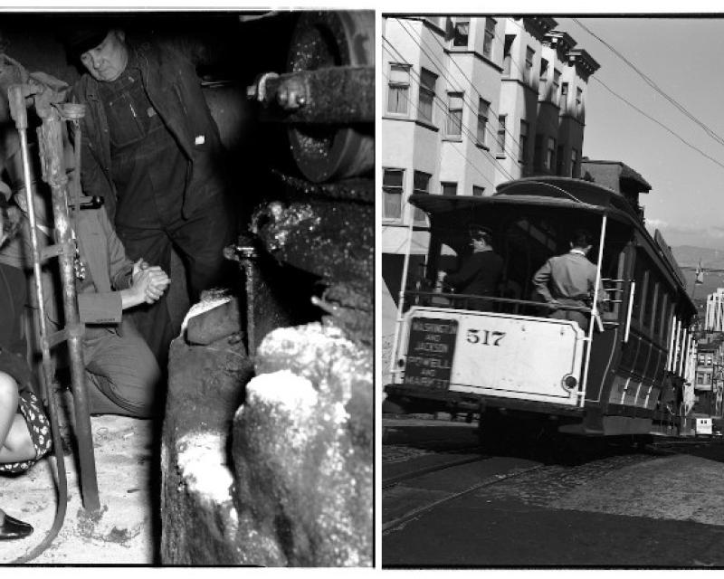 Left: Friedel Klussmann with several men in an underground cavern next to the gears beneath a cable car turntable in 1947. Right: A cable car with riders heads down a hill towards the bay during daytime in 1947.