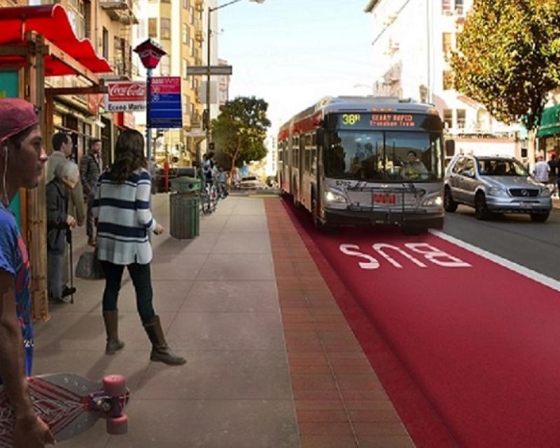 A rendering of people waiting at a Muni bus stop on Geary Street at Leavenworth Street with proposed Muni and safety upgrades, including a wider sidewalk and a red transit-only lane with a bus traveling down it.
