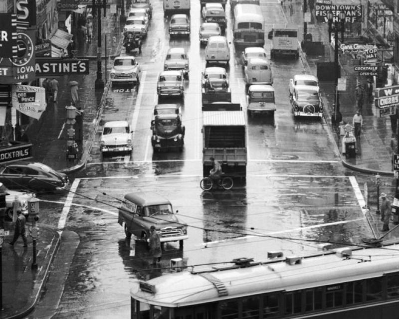 Overhead view of traffic on Kearny Street looking north from south side of Market Street in 1958.