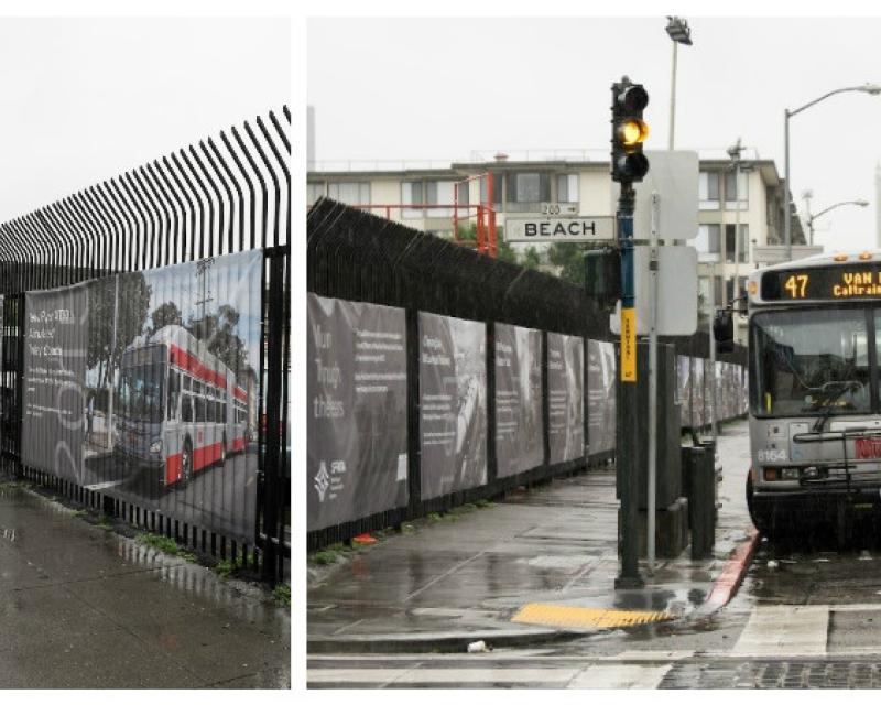 Two photos of the fence outside Kirkland bus yard on Powell at Beach Street. In one photo, a 47 Van Ness Muni bus is next to the curb.
