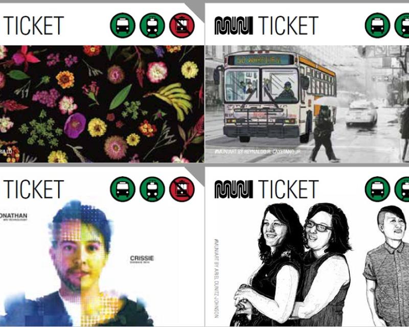 Four versions of Muni tickets with artwork.