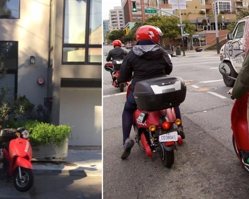 Two photos. One shows a Scoot e-moped parked at a curb on a residential street. The other shows three people riding Scoot e-mopeds on a street.