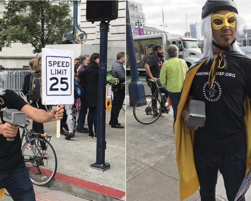 Two photos of a man in costume as the Vision Zero Hero, wearing a cape, a wig, a bicycle helmet and eye mask, holding a speed radar and sign that says, "SPEED LIMIT 25."