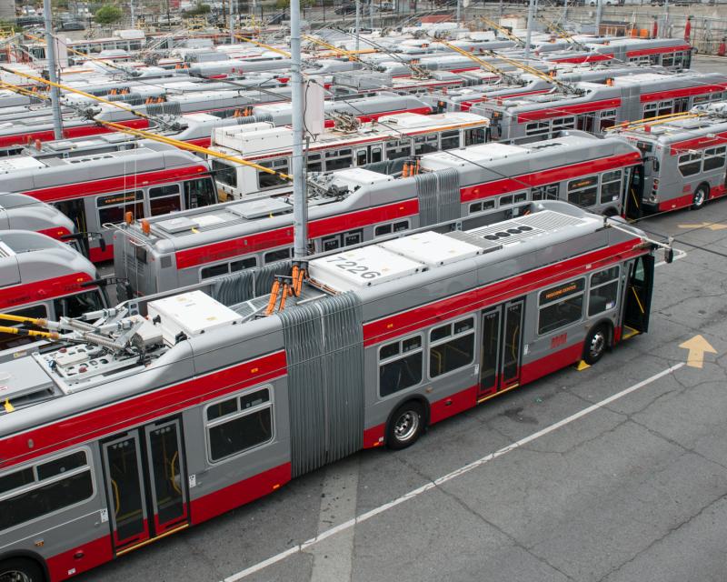 Overhead view of electric trolley buses lined up in yard at Potrero Division.