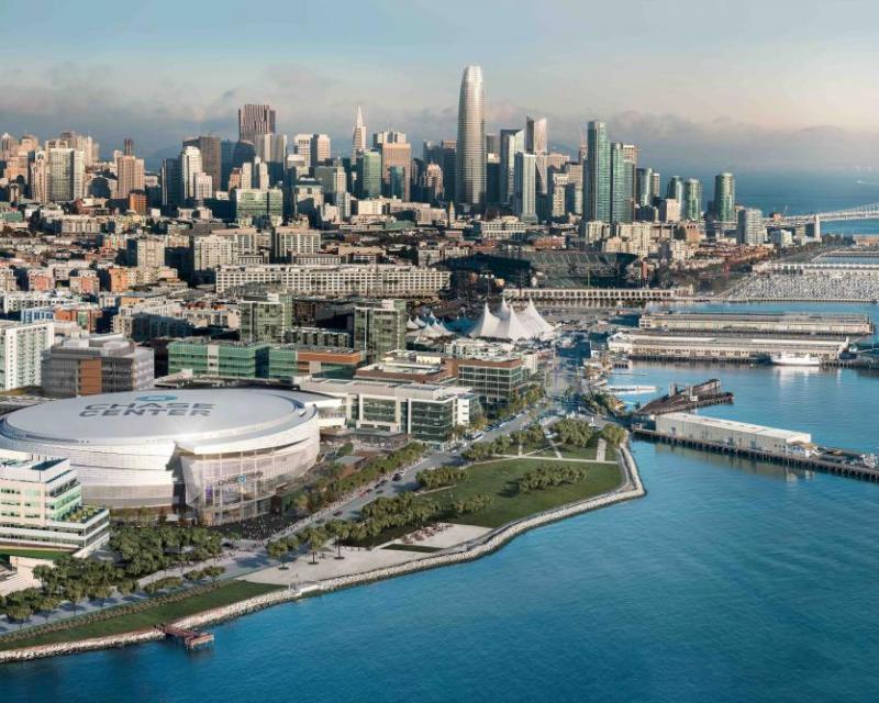 Image of Chase Center from above with skyline in background