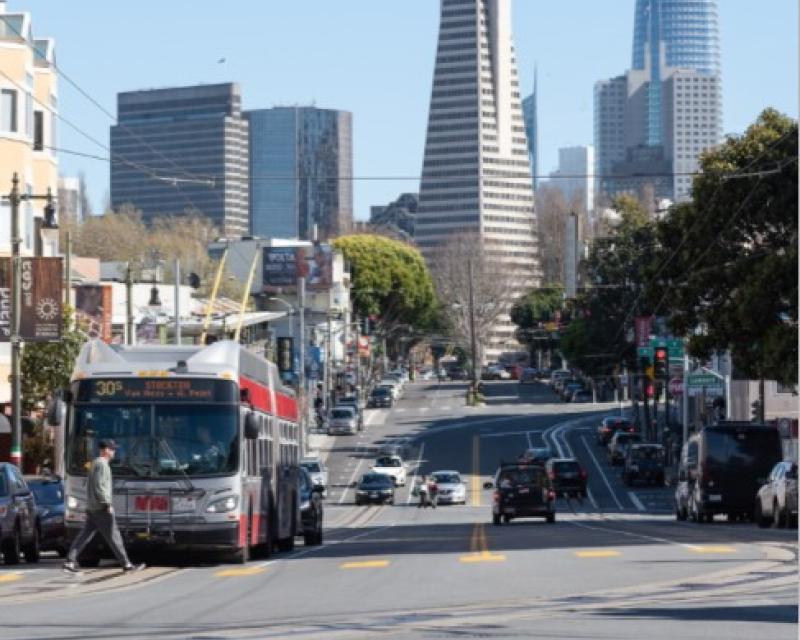 View up Columbus Avenue towards downtown skyscrappers