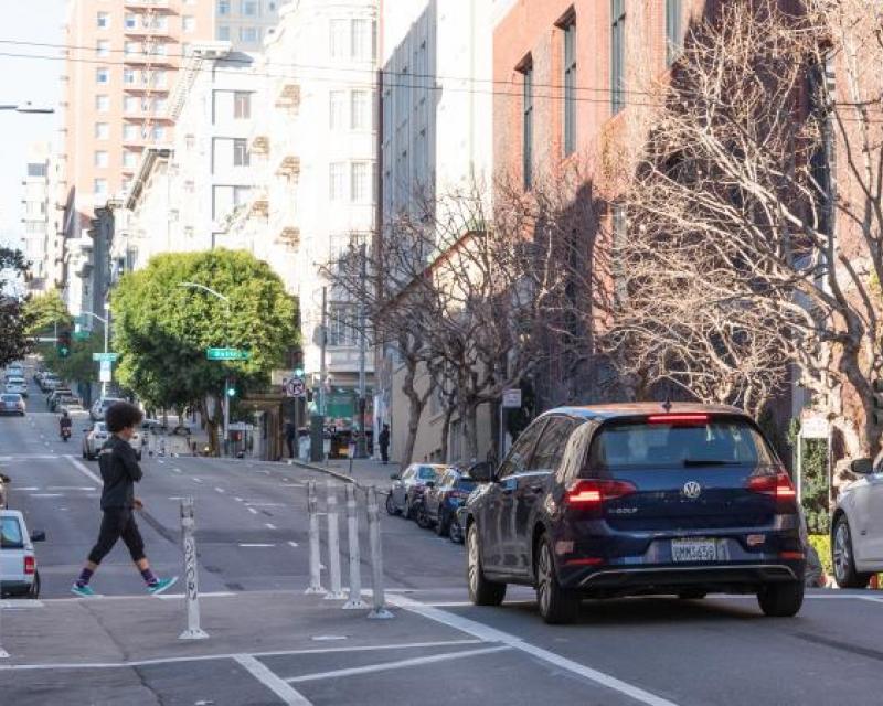 Newly painted safety zones and travel lane reduction on Taylor Street